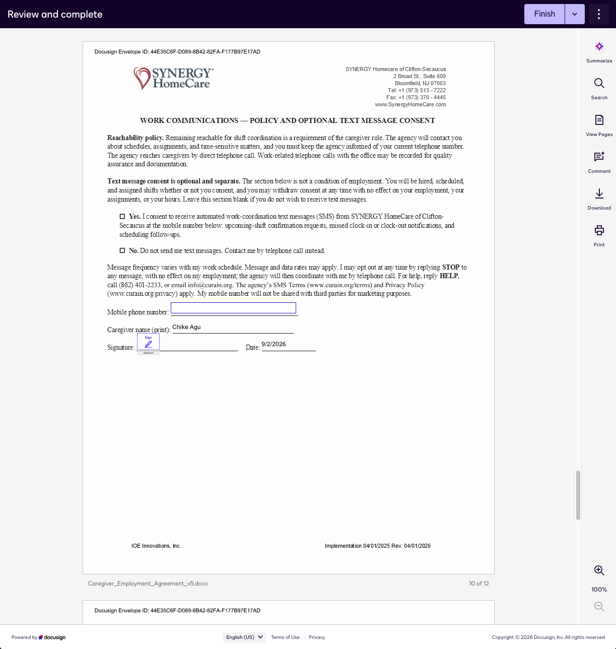 DocuSign signing view of the caregiver employment agreement's work communications section, showing the optional text message consent with Yes and No checkboxes unchecked and the consent fields left blank
