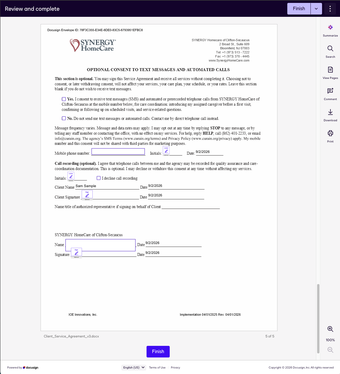 DocuSign signing view of the client service agreement's optional consent section, showing the Yes and No checkboxes unchecked and the consent fields left blank